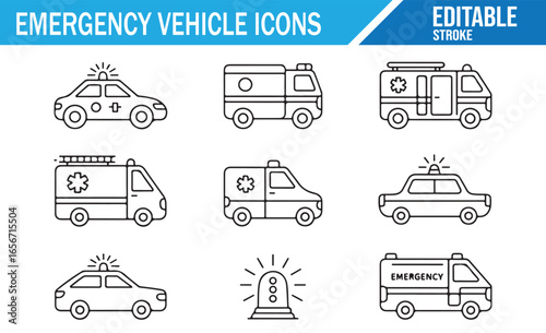 Vector icons of emergency vehicles including ambulances, police cars, and fire trucks for safety and rescue designs.