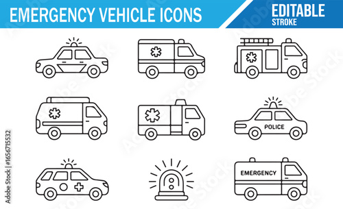 Set of emergency vehicle icons in line style, featuring ambulances, police cars, and emergency lights.