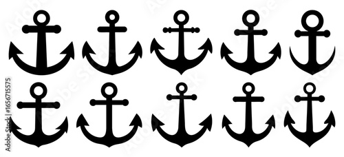 Anchor Black Silhouette Icon Collection Isolated on Transparent Background Clean Simple Vector