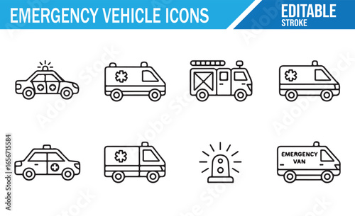 Editable vector icons of emergency vehicles including ambulances, police cars, and fire trucks