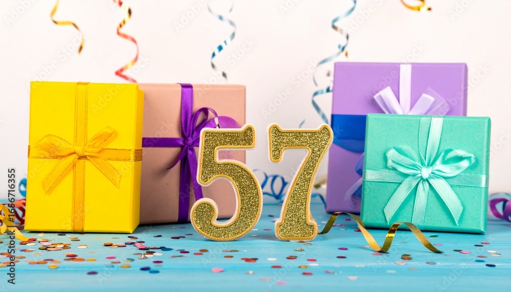 Fototapeta premium Nicely wrapped presents and gift boxes with number 57. Photo for birthday or anniversary party