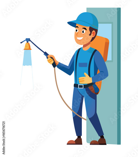 Professional pest control worker in uniform with equipment
