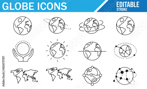 Vector icons of Earth and globe representations, including network connections and world symbols.