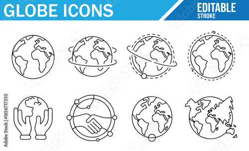 Set of globe and world map icons in editable vector style for global and international designs.