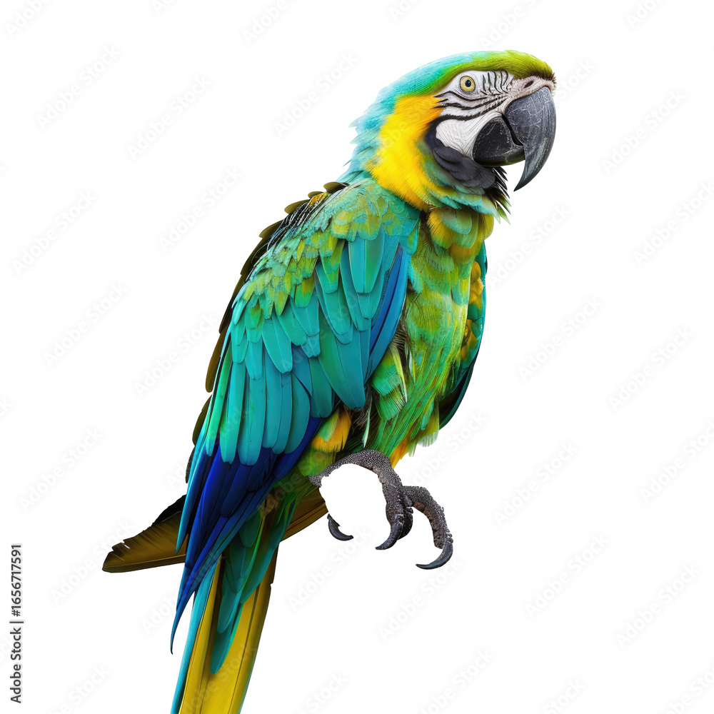 Fototapeta premium Vivid macaw perched, vibrant blue & green feathers, black background