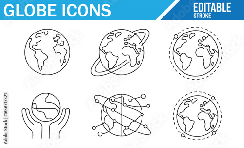 Minimalist line icons of globe symbols representing Earth, connectivity, and worldwide interactions.