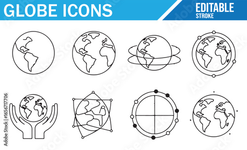 Editable vector globe icons featuring Earth, global networks, and international concepts