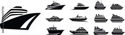The image displays black silhouette icon set graphics depicting various types watercraft Several designs resemble modern yachts and speedboats, characterized by sleek lines and recreational features.