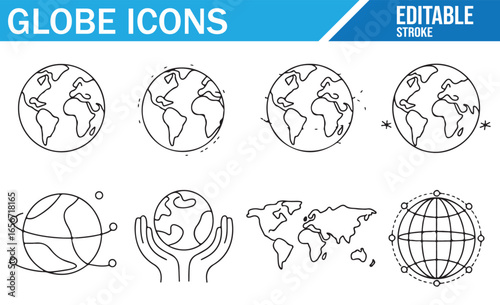 Editable vector icons of globe symbols representing Earth with networks, connections, and global outreach.