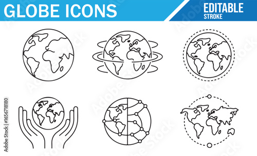 Set of globe icons in line style, representing Earth with various global symbols, networks, and connections. Editable vector icons for geography, world map, and international concepts.