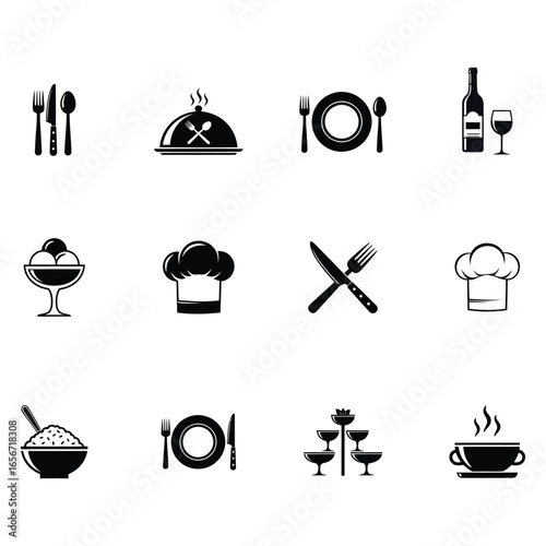 Collection of restaurant and food related icons isolated on white background