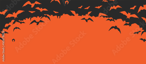 Bat. Halloween Background with bats. Black and orange horizontal Halloween poster template. 