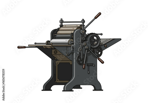 A complex printing press machine rendered in a vintage or steampunk style