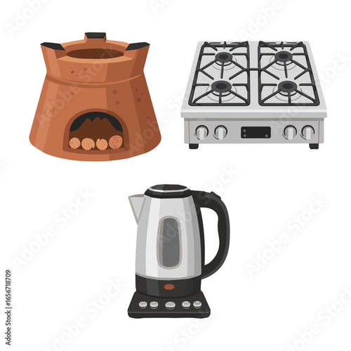 Cooking Appliances Vector Set: Charcoal Stove, Gas Cooker, Vintage Kettle, Electric Kettle - Kitchen Utensil and object Graphics