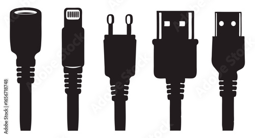 Collection of diverse electronic cables and connectors for technology and communication