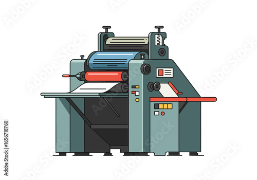 A printing press machine is seen with white paper passing through rollers The machine is colored in shades of gray and teal