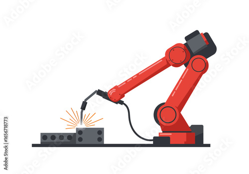 A red robotic arm welding a gray block on a black surface is shown against a white backdrop