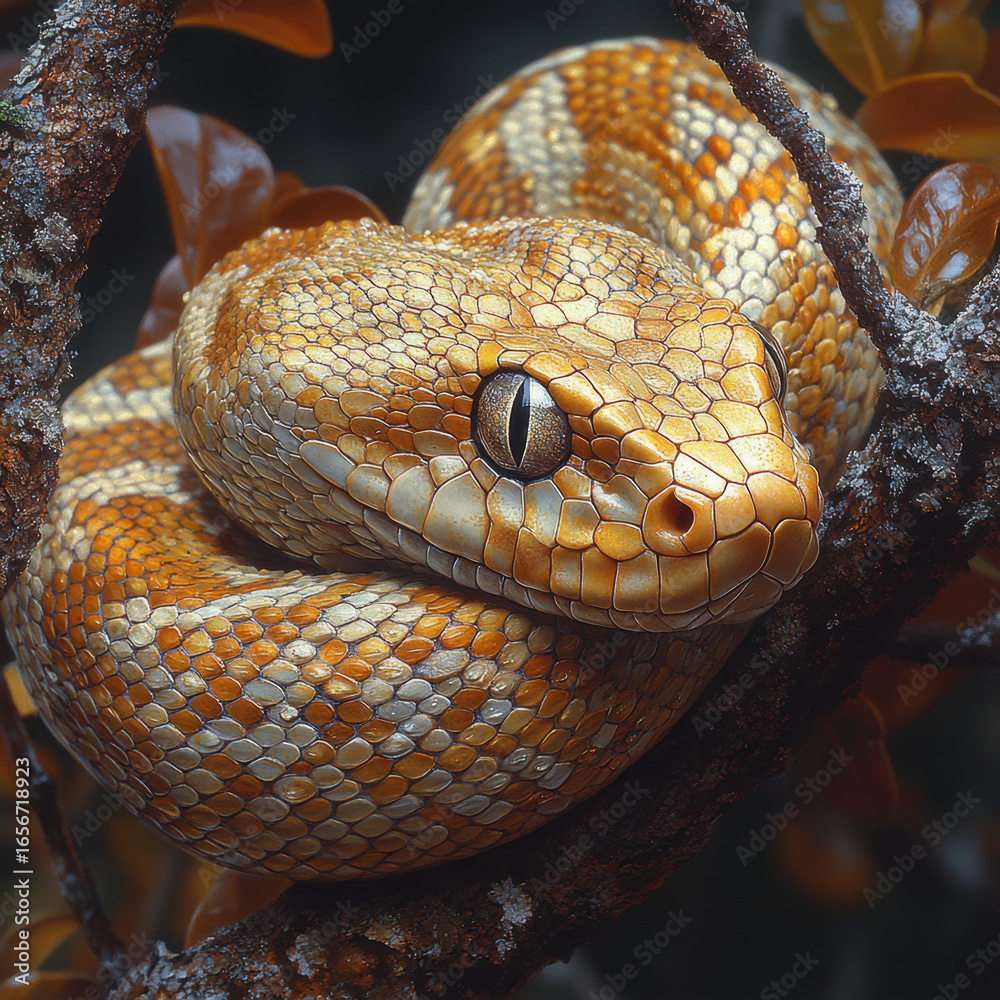 Fototapeta premium Yellow snake curled on branch.