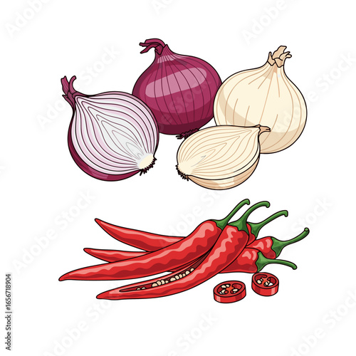 onion, garlic and Chili on white background