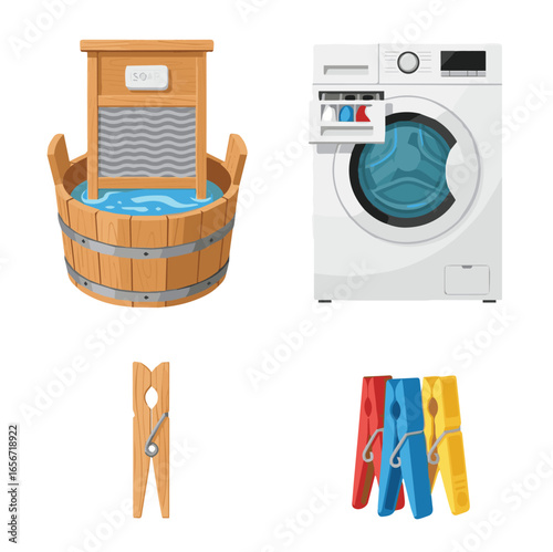 Laundry Vector Set: Washboard, Washing Machine, Clothes Pegs - Home Cleaning Equipment and Appliance Graphics For Design
