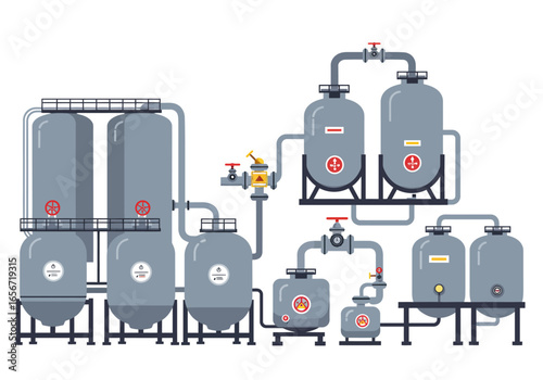 An industrial processing setup featuring tanks valves and connecting pipework in a simplified vectorstyle graphic