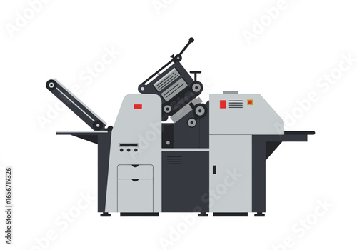 An isolated printing press with gray and black details and rollers on a white background