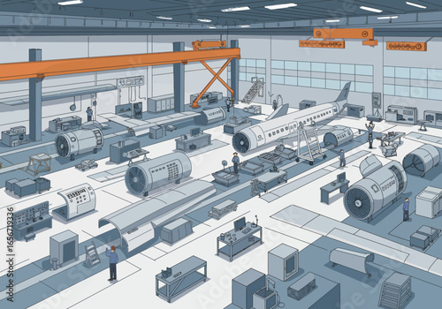 Aircraft factory with fuselage wings engines workstations and workers An orange crane system traverses overhead