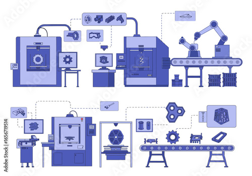 Blue diagrams depict a manufacturing process with 3D printers robots and conveyor belts showing automated production