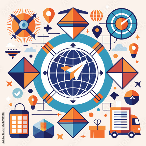 Abstract illustration representing global business logistics and international delivery services worldwide with geometric shapes