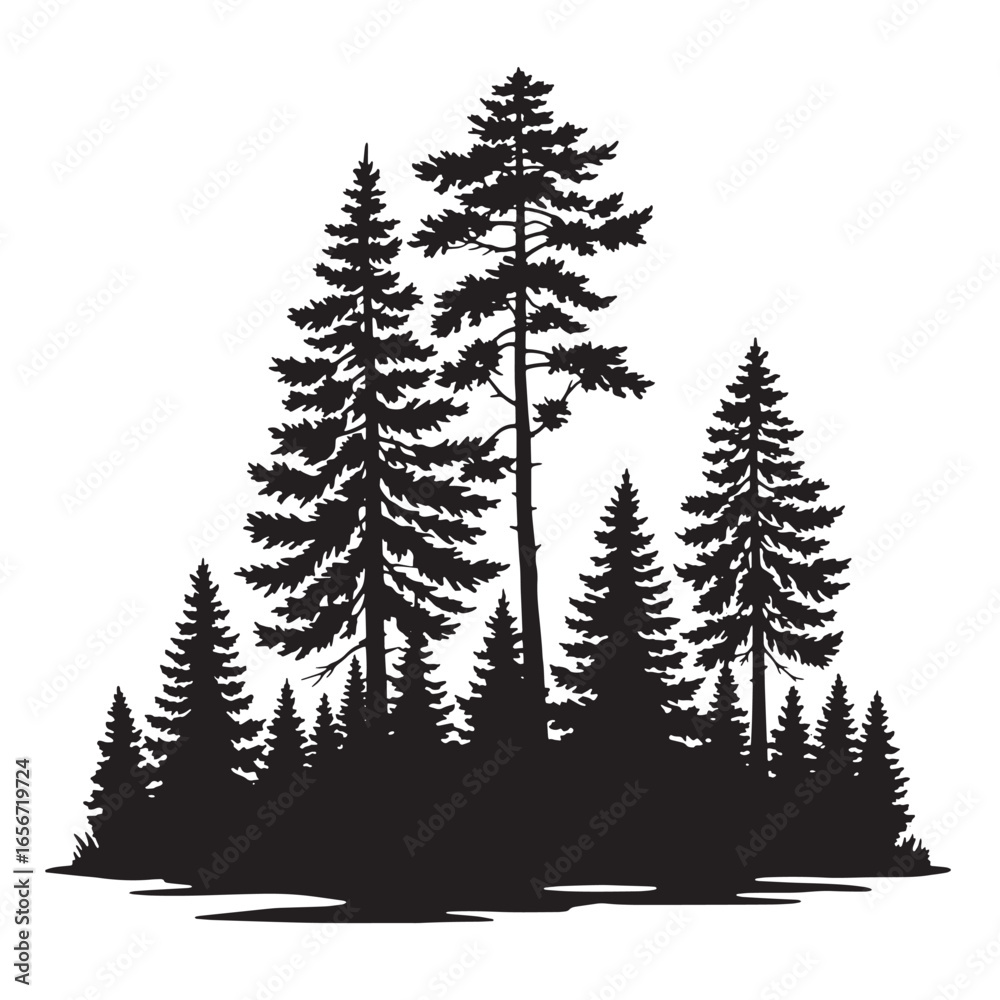 Fototapeta premium Black and white illustration of detailed pine forest with a rustic and vintage aesthetic