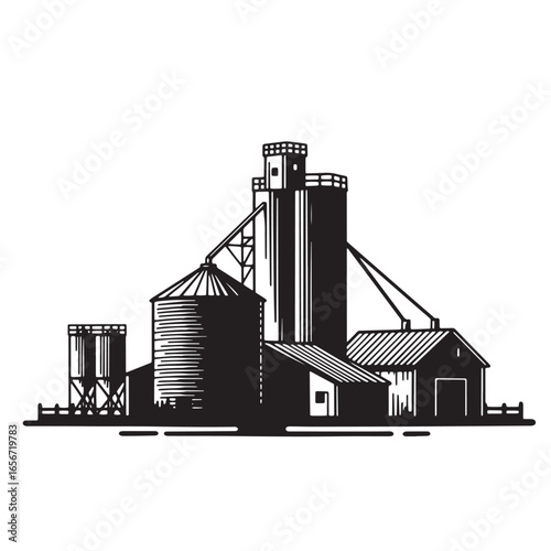 Black and white illustration of farm silos and agricultural buildings against a white background