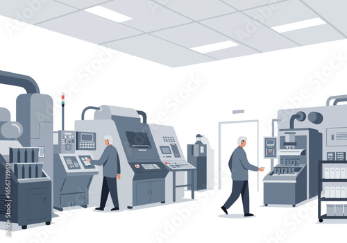 Factory floor with workers operating heavy machinery under fluorescent lights