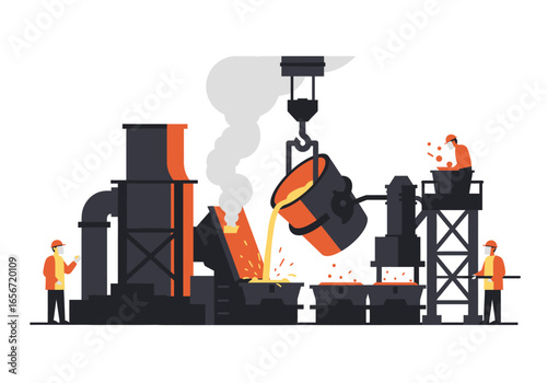 Foundry scene with workers molten metal and industrial equipment in a stylized illustration
