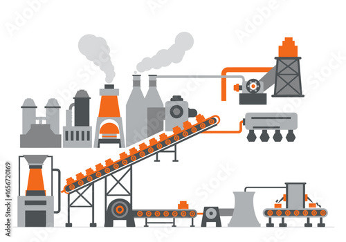 Industrial complex with conveyors towers and smoke in shades of grey and orange