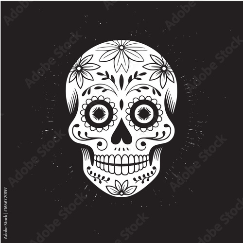 Vector art of dia de los muertos skull design with floral elements, a mexican tradition