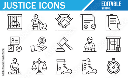 Editable vector icons representing various justice symbols such as scales, gavel, and handcuffs.