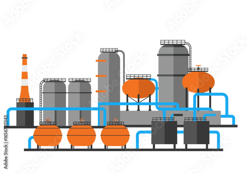 Industrial plant with tanks pipelines and tall chimney