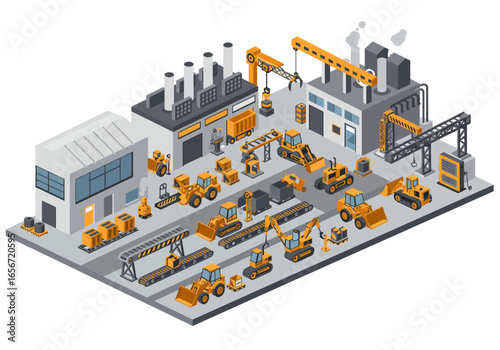 Isometric factory scene with various yellow construction vehicles  grey buildings