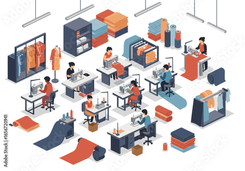 Isometric view of a sewing factory with workers at machines and textiles