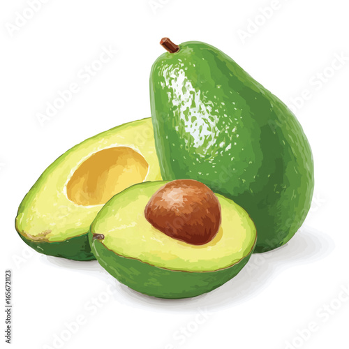 Ripe Green Avocado with Seed and Slice Isolated on White Background
