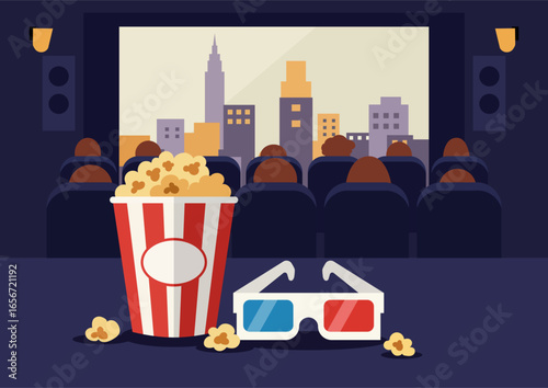 Popcorn bucket and 3D glasses on foreground. People watching movie in cinema. Indoor entertainment for leisure time