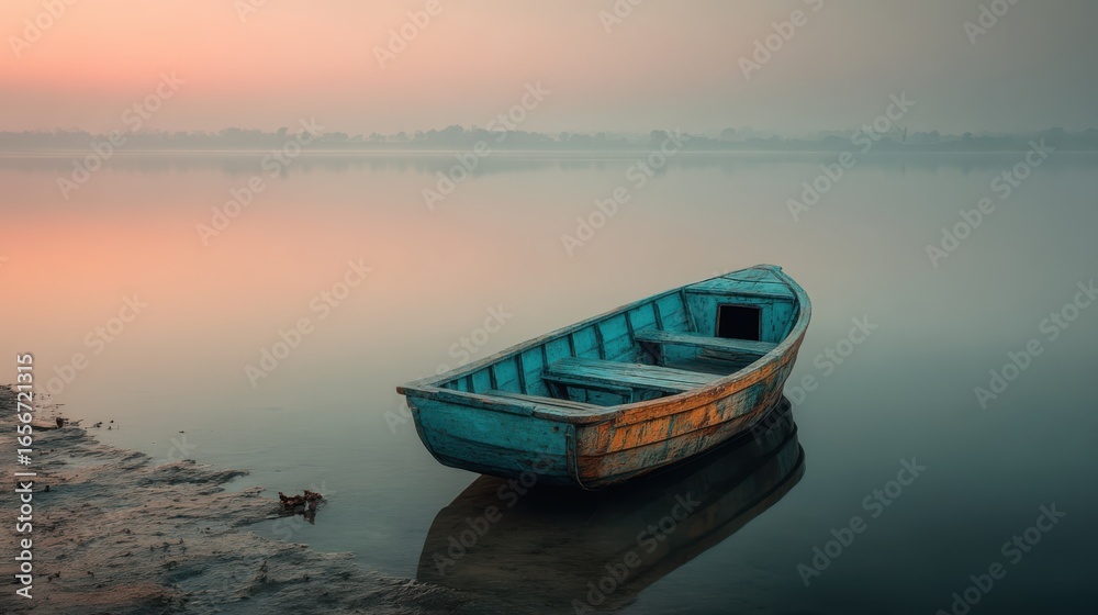 Fototapeta premium A tranquil scene featuring an abandoned blue boat resting on the water's edge during sunrise, surrounded by a misty landscape.