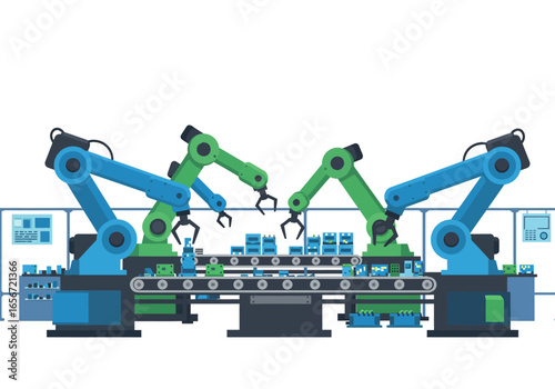 Robot arms work on an assembly line with products and equipment