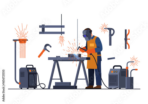 Welder wearing protective gear working at a table with tools and equipment