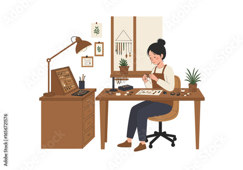 Woman crafting jewelry at her desk with tools beads and designs displayed