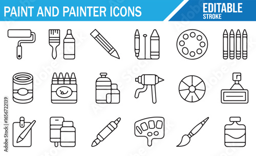 Set of paint and painter icons featuring brushes, crayons, and palettes in simple line style.