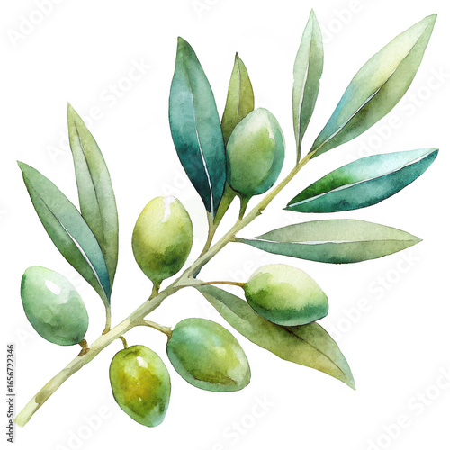 Wallpaper Mural Watercolor styled olive branch with leaves and fruits, mediterranean organic ingredient and gourmet food illustration. Generative AI illustration. Torontodigital.ca