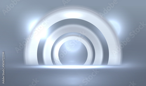 White futuristic blurred ai circle. Round vector technology room background. Gray  shiny tunnel ring light design. Future intelligence empty interior.