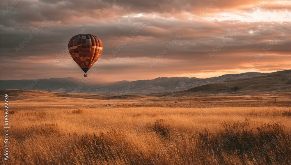 Obraz premium Hot air balloon over golden field at sunrise
