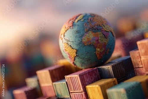 Global trade concept with earth globe on shipping containers symbolizing worldwide commerce